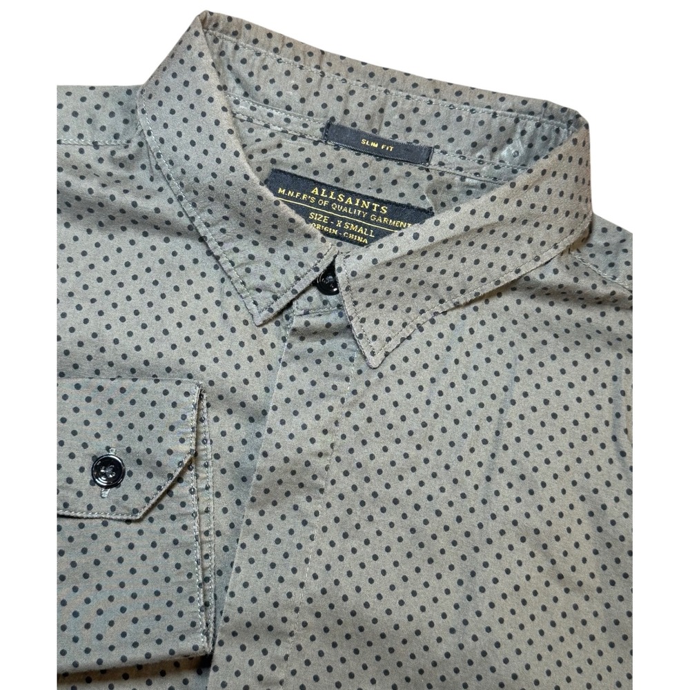 AllSaints Parisi Long Sleeve Shirt Mens XS Slim Fit Olive Green Polka Dot Office